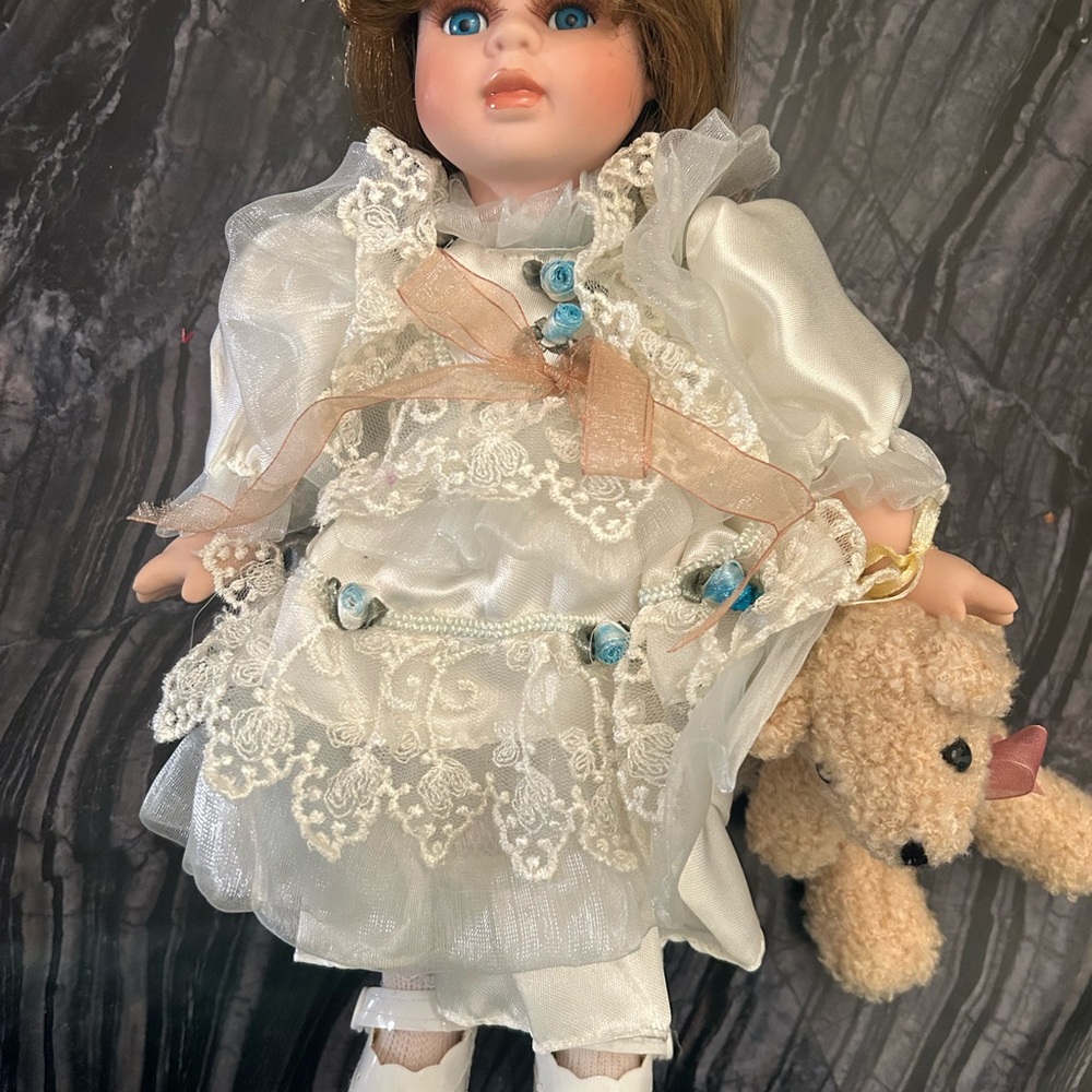 Vintage Elegant White Lace Porcelain Doll with Teddy Bear